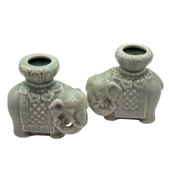 Celadon Green Ceramic Elephant-Shaped Candle Holders Pair Vintage China - Picture 1 of 6